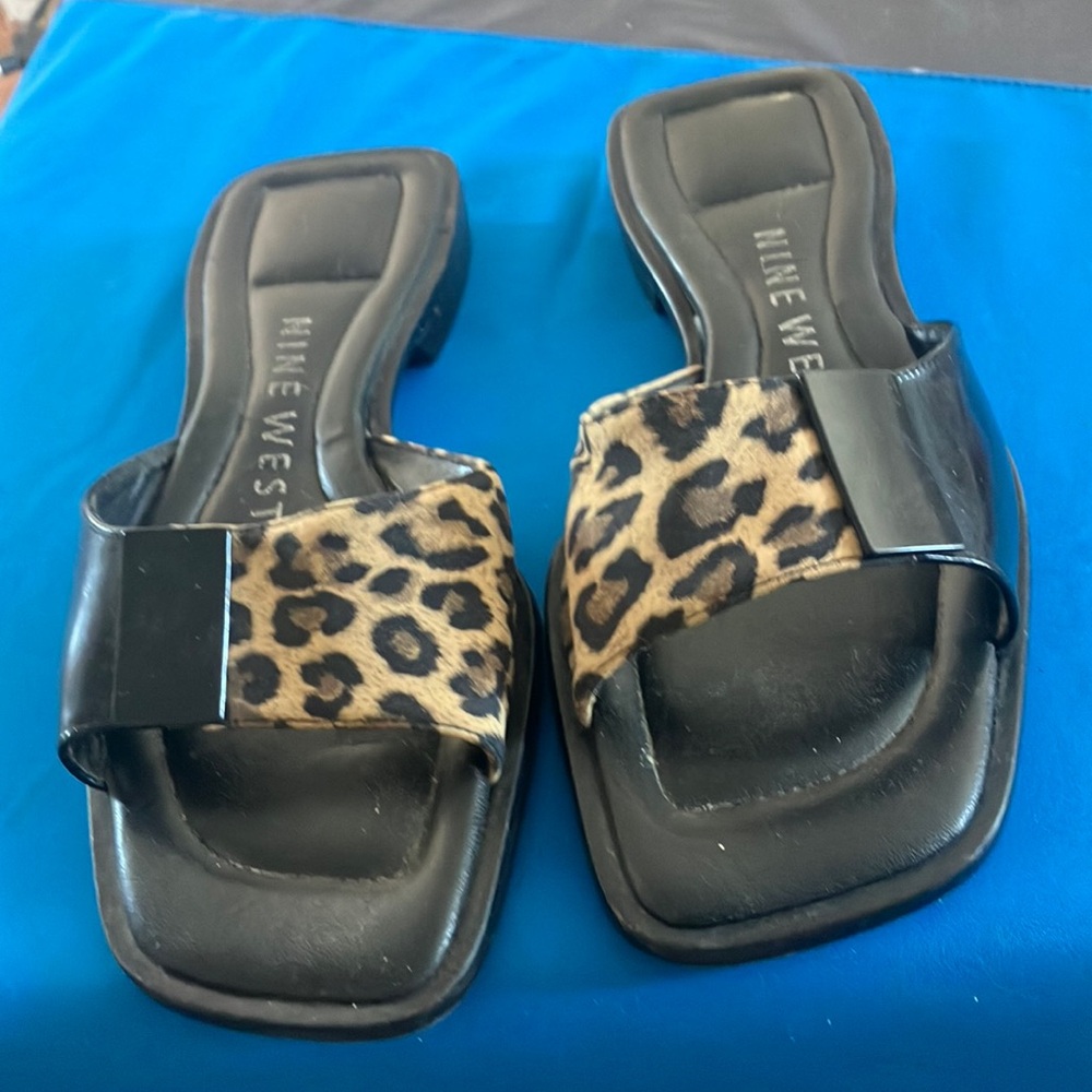 FINAL MARKDOWN Nine West Black and Leopard Print Women's Sandals 7.5